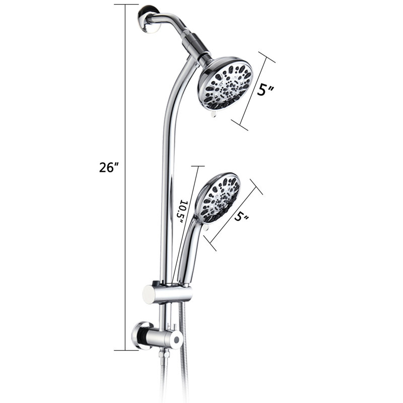 7-Setting Showerhead System - Stainless Steel Slide Bar, Dual Head, Wall Mounted, Finish, 1.8 Gpm Flow Rate Bar Rain Shower Head Spa With 5-Inch Abs Finish