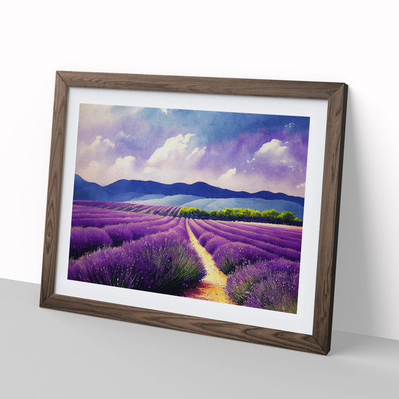Lavender Field Watercolour Vol.2 - Single Picture Frame Print, 25cm H x 34cm W x 2cm D, Walnut Framed
