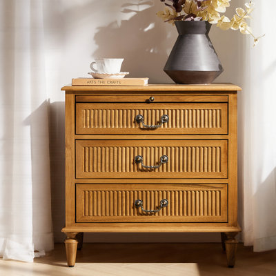  Kaybri Farmhouse 26'' W 3-Drawer Fluted Solid Wood End Table with Built-In Outlet and Pull-out Tray