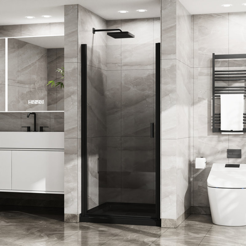 Black 34"X72" Shower Pivot Door, 1/4" Tempered Glass, Semi-, Waterproof Magnets, Long-Lasting Handle, 180 Rotating Pivot, 90 Door Blockade Glass Thick, Design, System, Stable Stopper Structure
