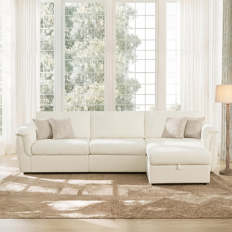 Elysion 122" W Modern 4-Piece Upholstered Modular Sectional Sofa With Ottoman, Cream Polyester