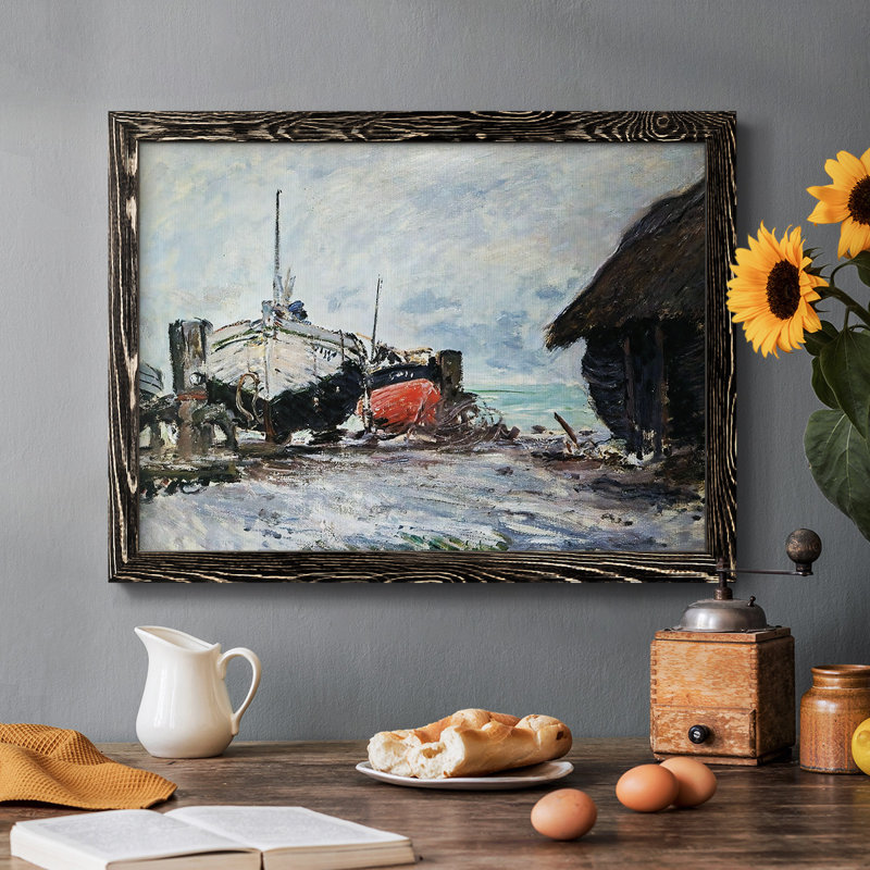 «Fishing Boat At Etretat, 1873», reproduction d'art encadrée sur toile par J Paul, Cadre photo noir simple