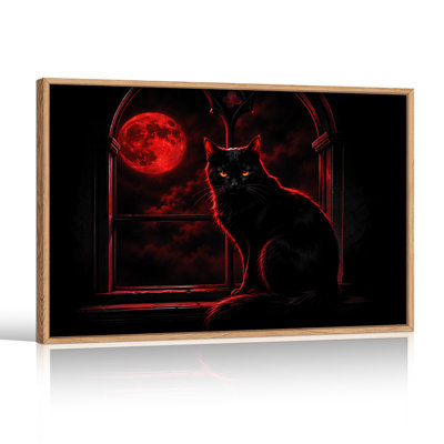 Art mural sur toile, "Chat noir à lune rouge"