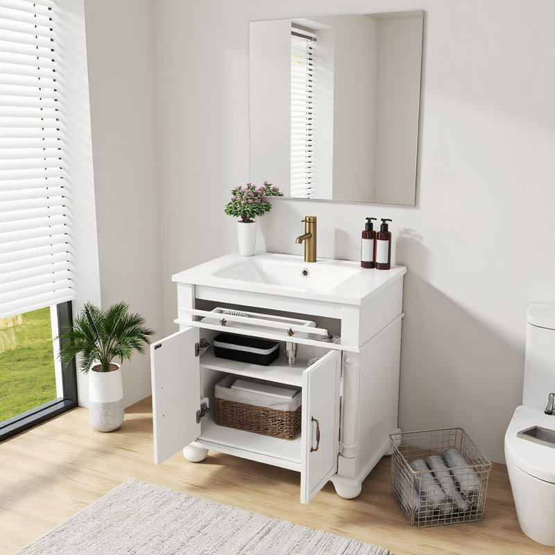 Meuble-lavabo de 28 po en bois massif avec base à colonne romaine, lavabo de rangement Farmhouse et armoire de toilette à poignée en métal