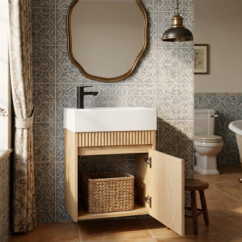Meuble-lavabo suspendu avec lavabo réversible en SMC, armoire de rangement sans poignée, de style moderne, pour petite salle de bain