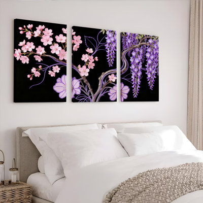 Toiles murales à motifs floraux de cerisiers et de glycines (paquet de 3)