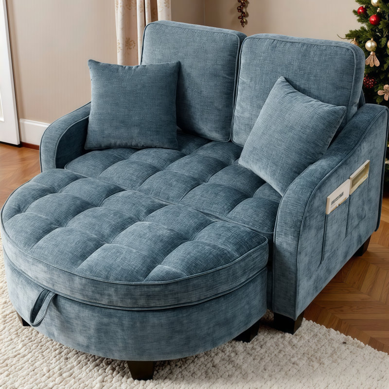 Canapé en velours côtelé 2 places avec repose-pieds de rangement, accoudoirs courbés irréguliers, coussins moelleux et 2 coussins décoratifs Syrova