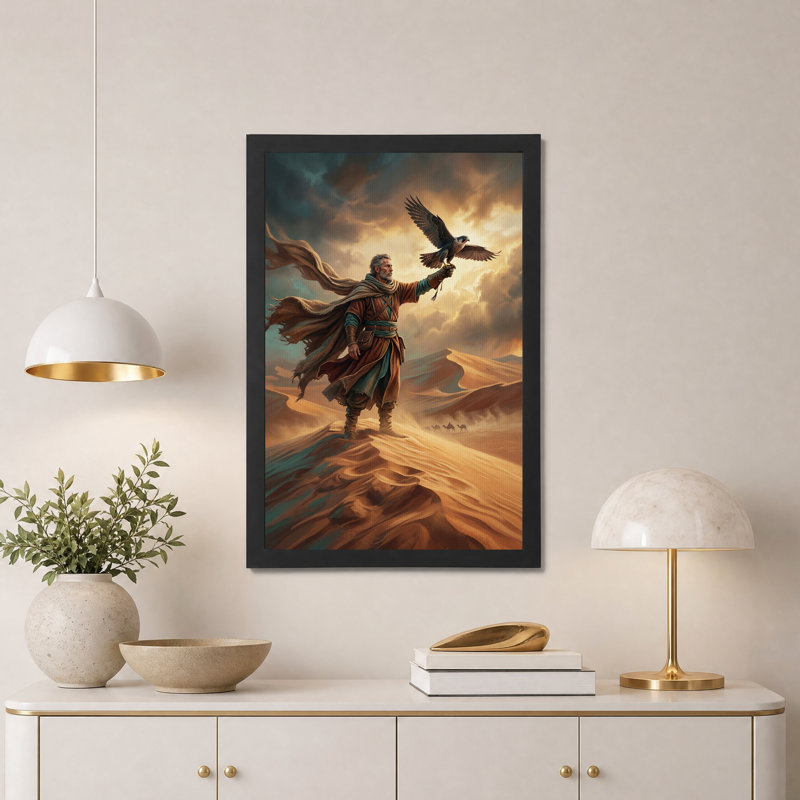 «Man in robes tenant un faucon sur une dune de sable», art mural, H 36 po x l 24 po