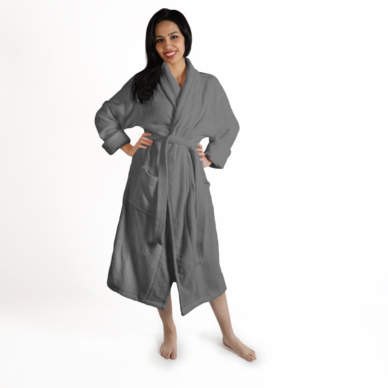 Peignoir mi-mollet 100% coton éponge avec poches, G / TG, Femmes gris / argent