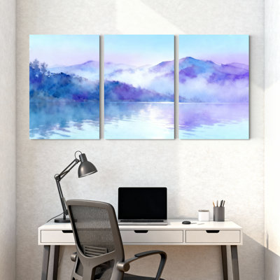 Hiver, forêt, montagne, lac, brume, aquarelle, ensemble de 3 reproductions d'art sur toile