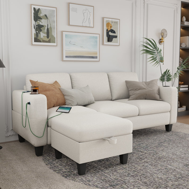 78in Corner Sofa with USB & Dual Cup Stands – Linen Elegance, Beige