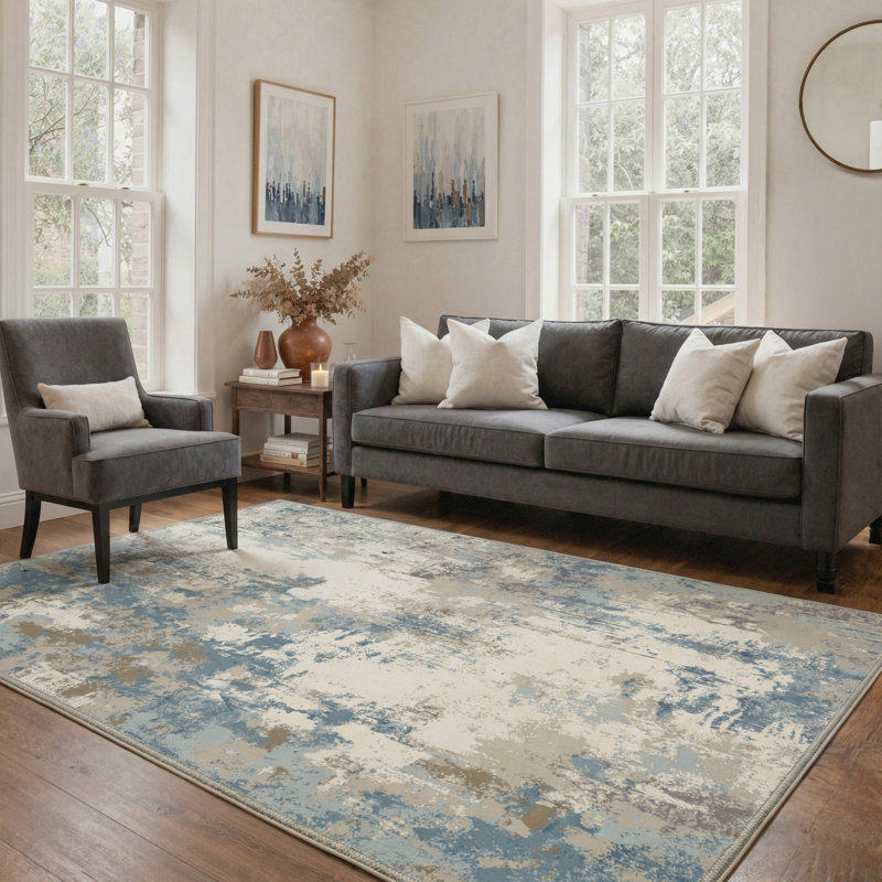 Abstract Strokes Machine Washable Azure Blue Indoor Area Rug With Non-Slip Backing, Rectangle 8' x 10'