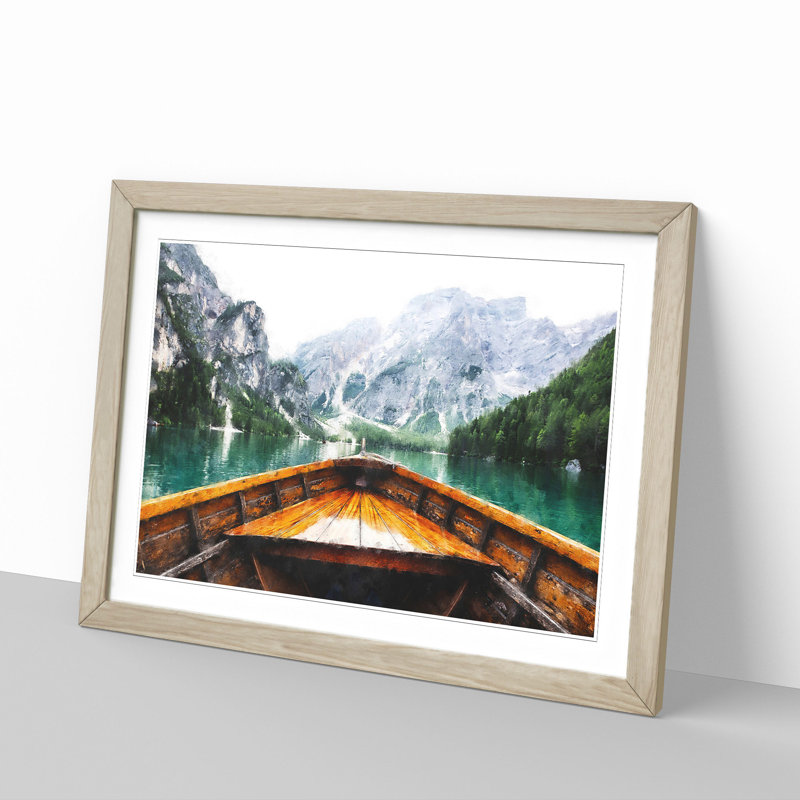 Boat In Lago Di Braies Italy Painting - Single Picture Frame Print on MDF, Oak, 33cm H x 45cm W x 2cm D