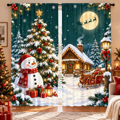 2 pièces scène de joyeux Noël avec bonhomme de neige, arbre, chalet, renne et père Noël en traîneau, imprimé festif, filtrage de la lumière, intimité, passe-tringle, lavable à la machine, parfait pour le salon, la chambre à coucher, les enfants