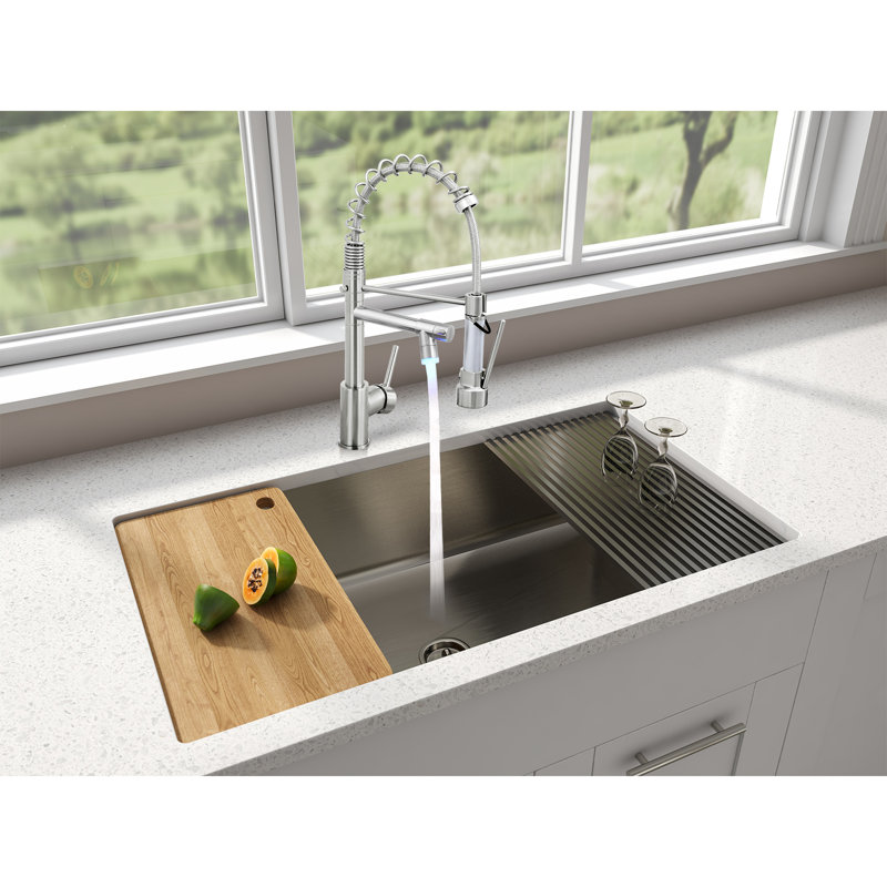  Robinet de cuisine à DEL 2 jets avec douchette rétractable, Nickel brossé