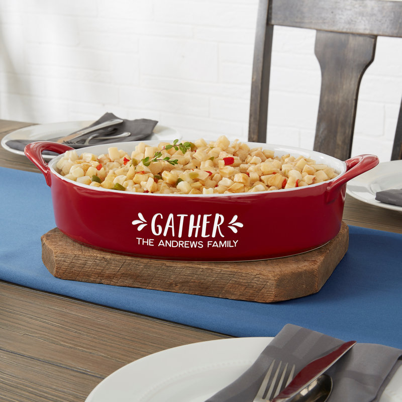 Personalization Mall Gather & Gobble Oval Stoneware Baker Bakeware, Red