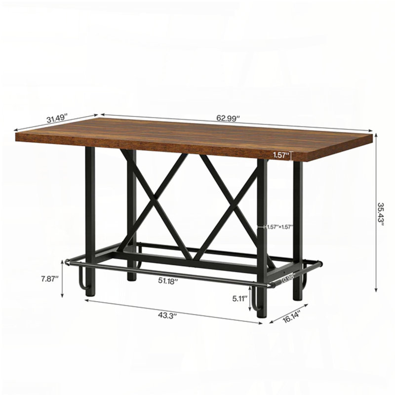 Counter-Height Bar Table with Metal Footrest (62.99"), Brown