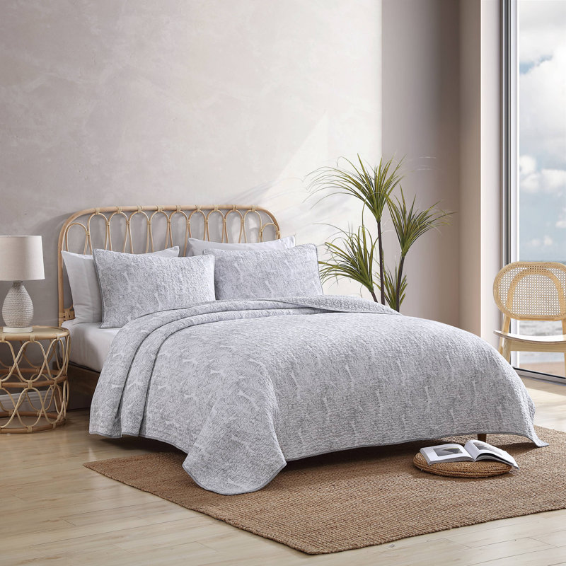 Tommy Bahama Distressed Water Leaves Grey Cotton Reversible Quilt Set, King Quilt + 2 King Shams