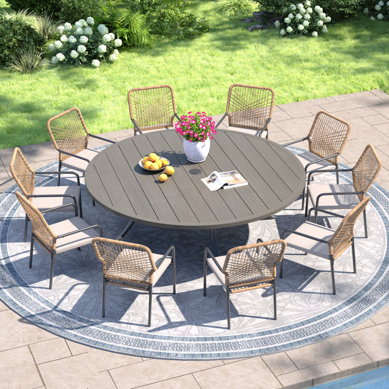 10-Person Patio Dining Set with 63" Round Dining Table and Cushioned Stackable Rattan Chairs, Brush Wood Gray
