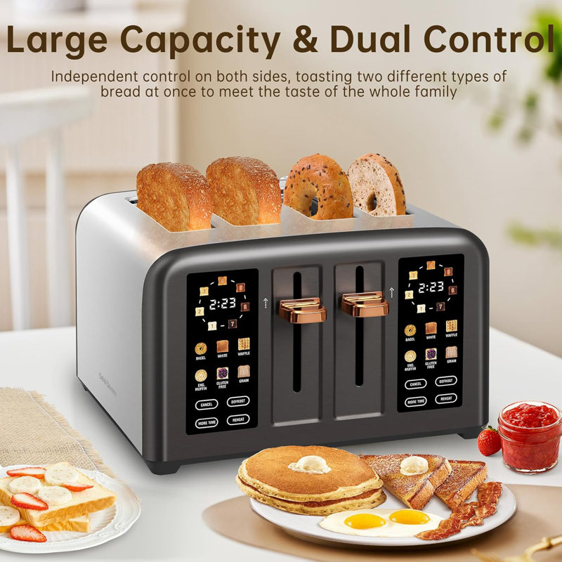Seedeem Toaster 4 Slice, Stainless Steel, Touch Screen For Dual Control, Digital Timer, Smart Toaster With 6 Bread Type, 7 Shade Setting, 1.5''wide Slot, Removable Crumb Tray, 1800w,metallic