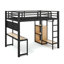 Lit mezzanine double en métal avec bureau intégré, charge USB et tablettes de rangement
