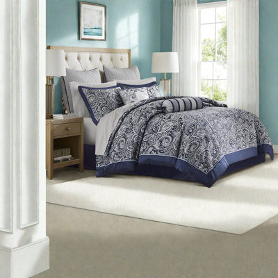 Luxurious 12-piece Bedding Set With Cotton Sheets, Navy Paisley Design For King Bed