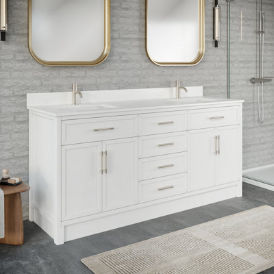 Blakely II Solid Wood 72" W X 22" D Double Sink Bathroom Vanity In White With Stealth Organizer And Engineered Stone Top