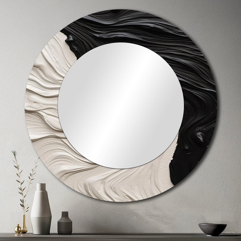 Presious Black White Marbled Dreamscape II - Geometric Large Mirror, Black Round Decorative Wall Mirror, Printed Metal Art
