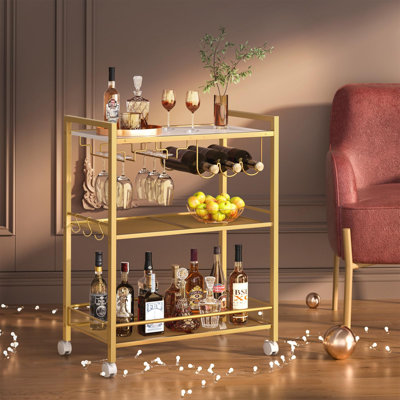 3-Tier Bar Cart with Wine Rack & Glass Holder, Rolling Beverage Cart with Lockable Wheels