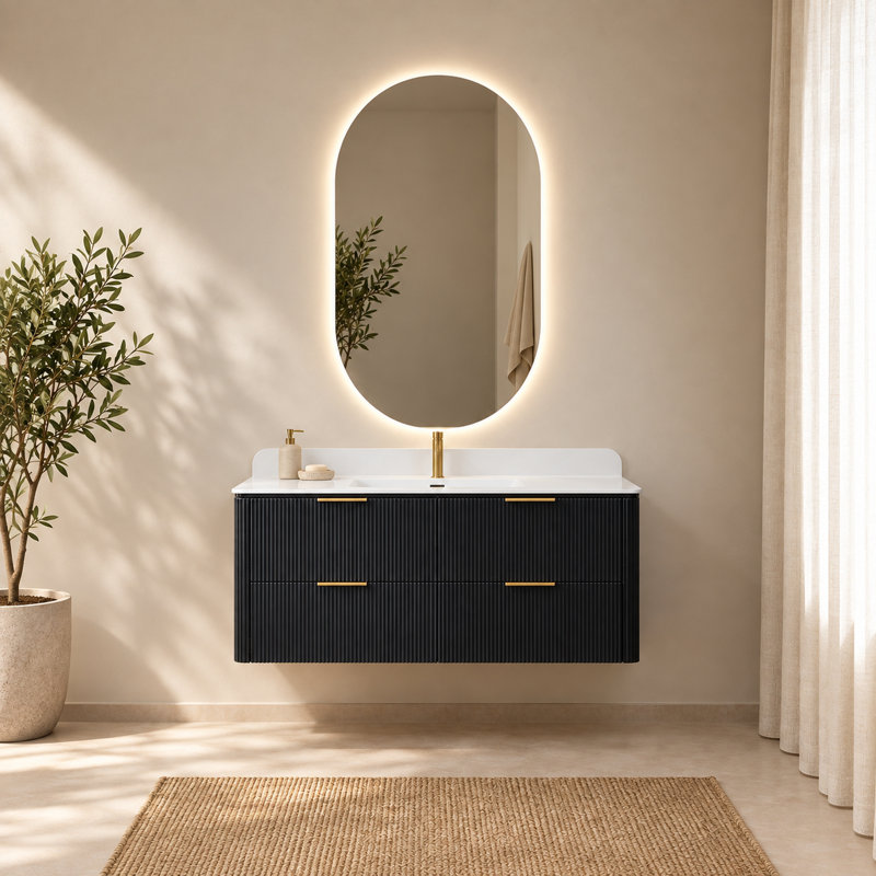Ensemble meuble-lavabo suspendu noir de 122 cm avec lavabo intégré et miroir de courtoisie à DEL de 122 x 76 cm