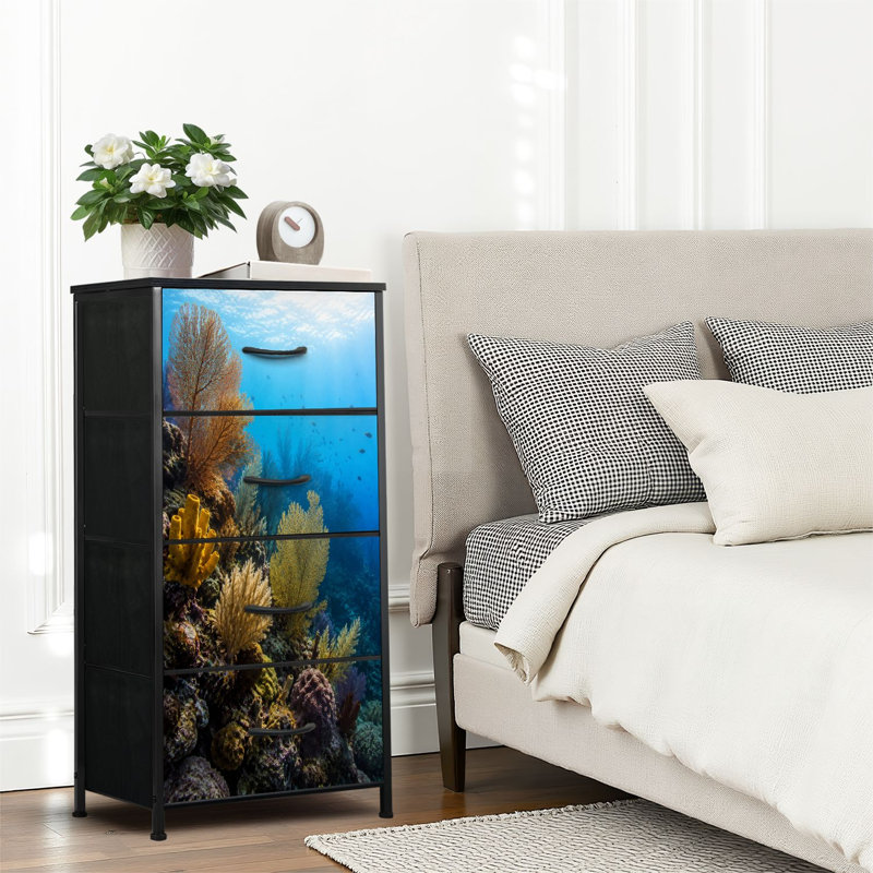 Commode 4 tiroirs pour chambre à coucher, commode étroite, plateau en bois et structure en fer 18 po x 37,5 po (lxH) - avec impression de vie marine sous l'eau