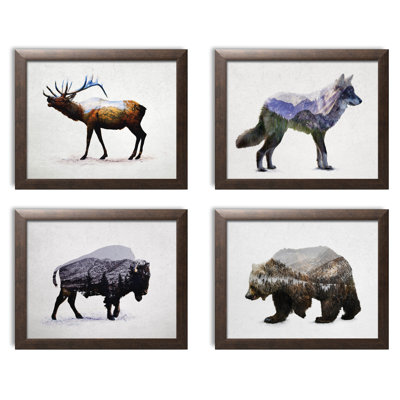 «Rustic Double Exposure Elk, Bison, Wolf and Bear Landscape», ensemble de 4 impressions encadrées