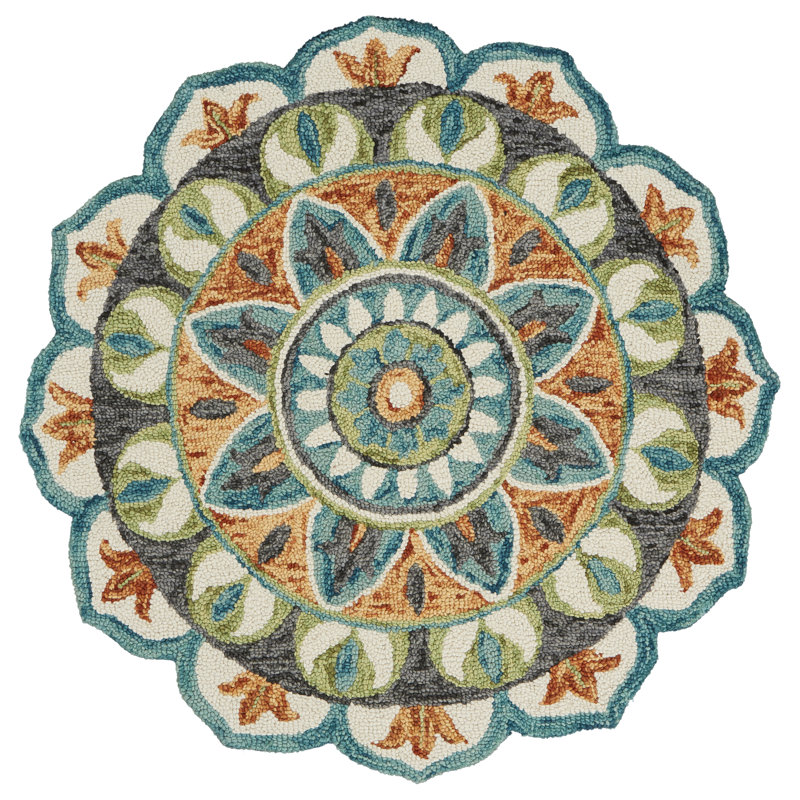 Arla Floral Oriental Hand Tufted Scalloped Wool Area Rug, Round 4'