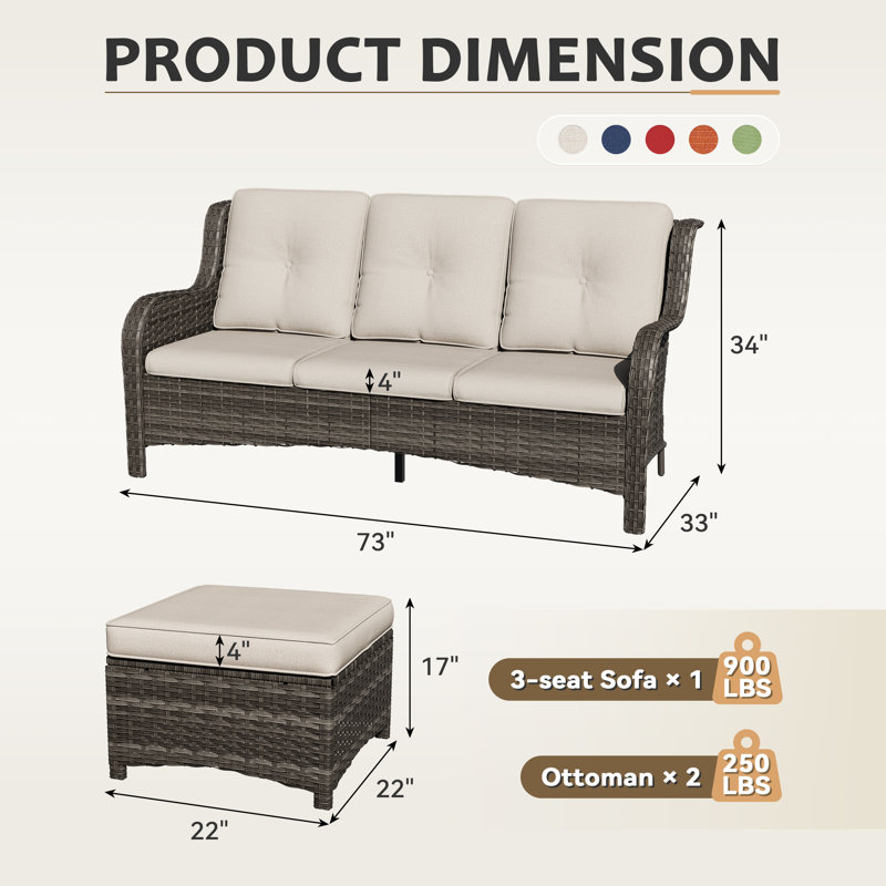 73'' Wide Wicker Patio Sofa with Cushions, Biege