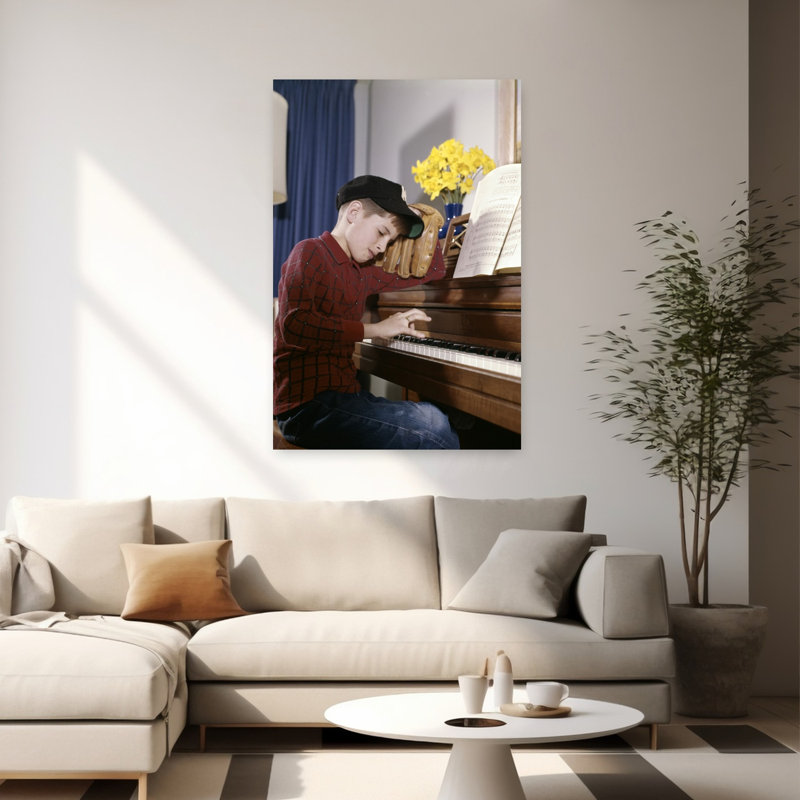 1960s ANNOYED LOOKING BOY WITH BASEBALL CAP AND GLOVE PRACTICING PIANO LESSON MITT IMPATIENT RESPONSIBILITY PRIORITY by H. Armstrong Roberts - Wrapped Canvas Print