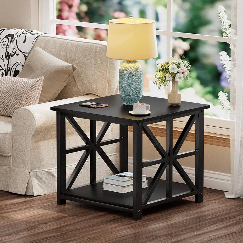 2-Tier Side Table with Storage, Black, Black
