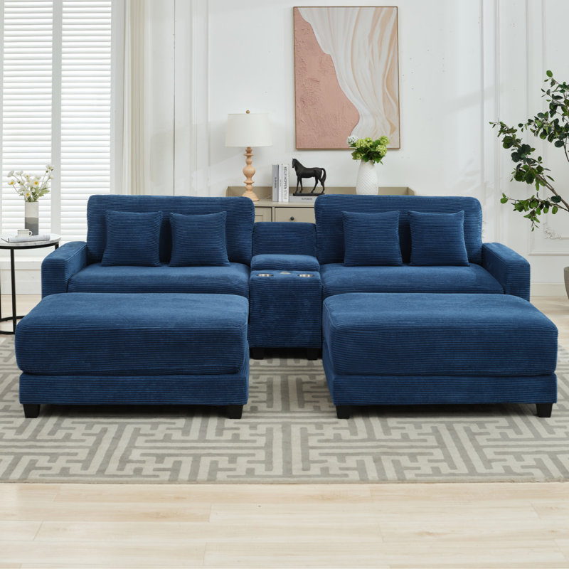 Canapé modulaire en velours côtelé 4 pièces Cottie, Velours côtelé bleu marine