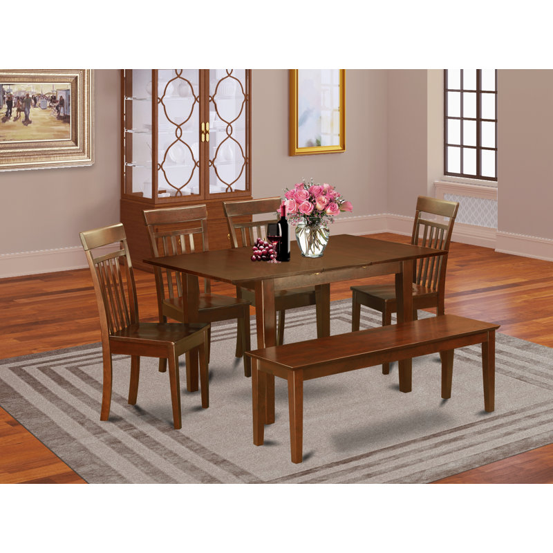 6 Piece Modern Dining Table Set Contains a Rectangle Wooden Table with Butterfly Leaf and 4 Dining Room Chairs with a Bench, Mahogany