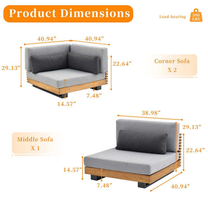 Ensemble de conversation modulaire d'extérieur pour 3 personnes avec canapé modulaire et coussins