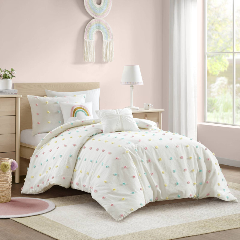 Callie Cotton Jacquard Pom Pom Comforter Set, Multi, Full/Queen Comforter+2 Shams+2 Decorative Pillows