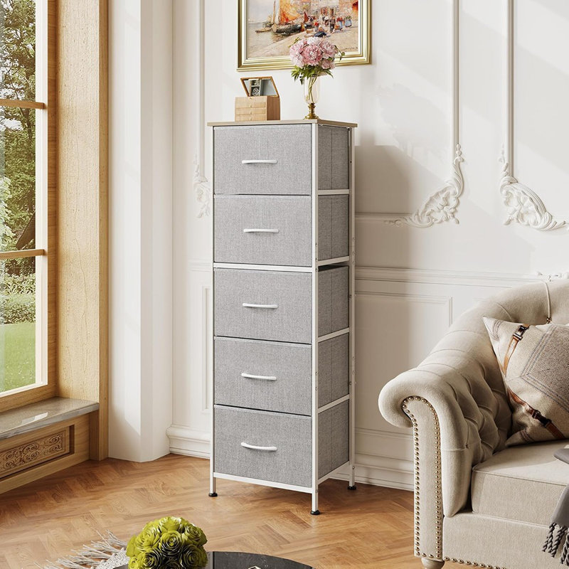 Fabric Dresser, 5-Drawer Tall Dresser For Bedroom, Storage Dresser Organizer With Fabric Bins, Wood Top, Sturdy Steel Frame, Chest Of Drawers For Closet, Hallway, Light Grey