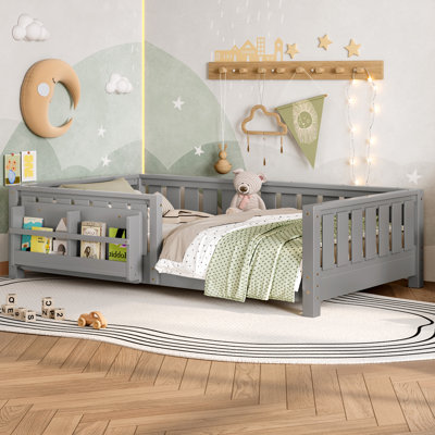 Lit simple avec bibliothèque intégrée et barrière de sécurité de haute qualité, gris