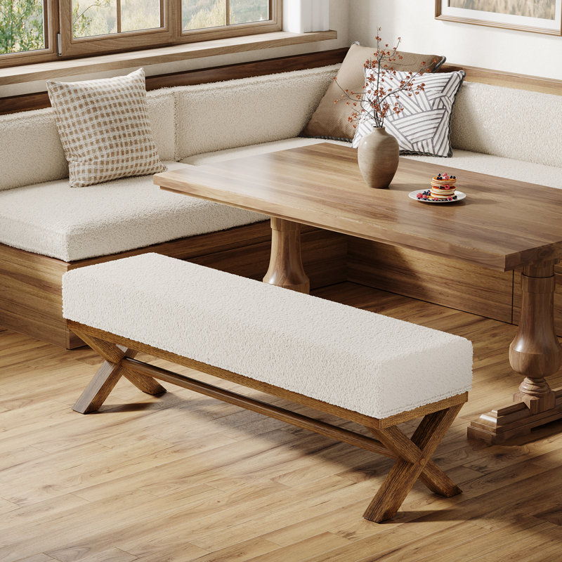 Banc de salle à manger 51,18 "rembourré avec faux siège en peau de mouton et pieds en bois de pin, banc de cuisine moderne à deux tons