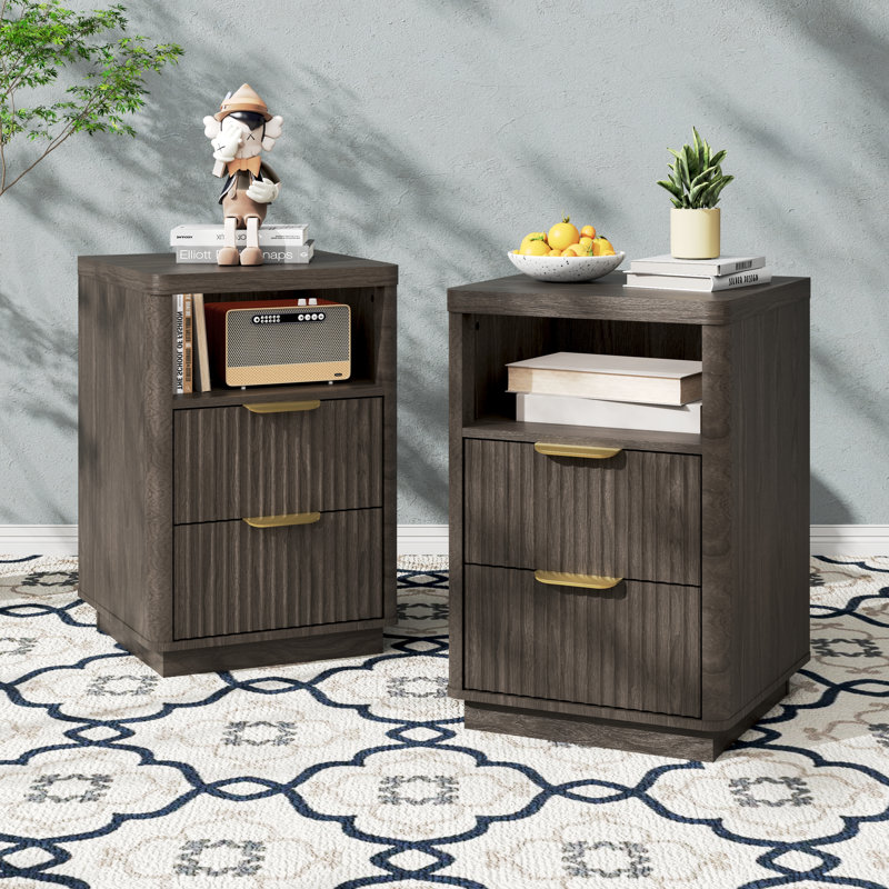 COCO DESIGN 2-Drawer Manufactured Wood Nightstands with Storage and Built-in Outlets, Dark Gray (Set of 2), Dark Gray