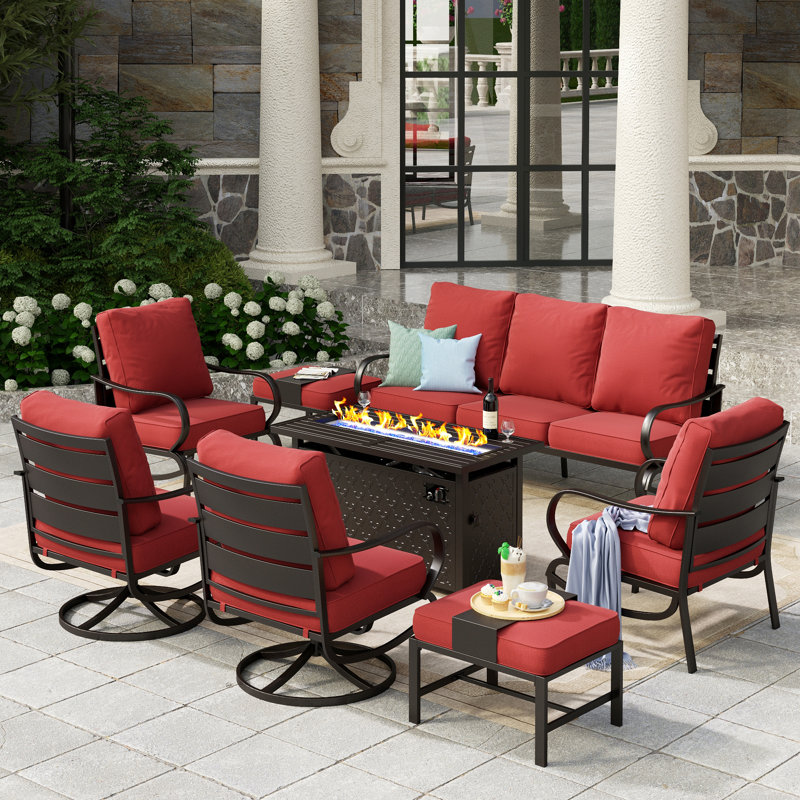 Tapasi 9 - Person Patio Conversation Set with Swivel Lounge Chairs & Optional Firepit Table, Red, Yes