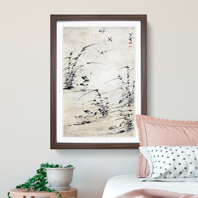 Twelve Egrets by Bada Shanren - Picture Frame Drawing Print, 36cm H x 27cm W x 2cm D, Walnut Framed