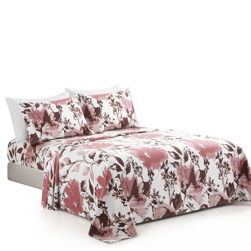 Queen Pink Floral Polyester Bamboo Deep Pocket Sheet Set