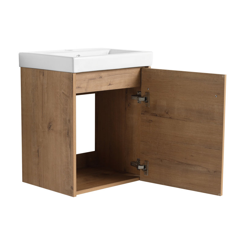 16'' Bathroom Vanity With Ceramic Sink. Floating Design. Modern Style. Plywood Construction. Oak Colour. Spacious Storage. Fits Compact Bathrooms Ideal For Small Bath Areas