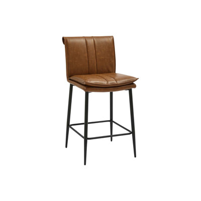 Indoor Metal Bar Stool with Padded Seat and Vinyl Vertical Stitching Back in Brown