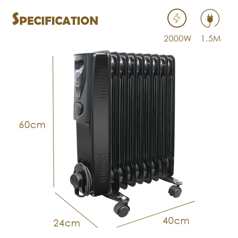 Axton 9 Fin 2000W Oil Filled Radiator Portable Electric Heater  with Thermostat, Black
